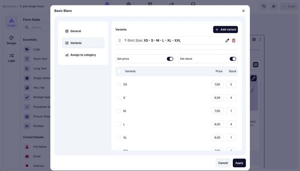 An image showing how to add different price information for variants of the same product