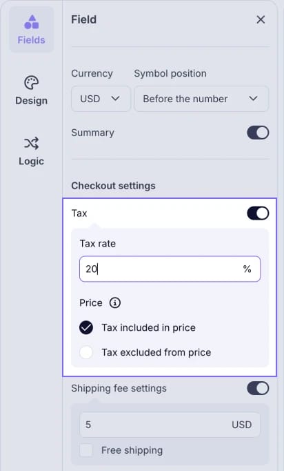 An image showing how to enable tax information in the products field settings