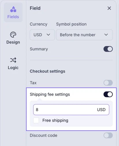 An image showing how to enable shipping fees in the products field settings
