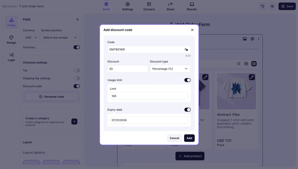 An image showing how to generate discount codes in the products field settings