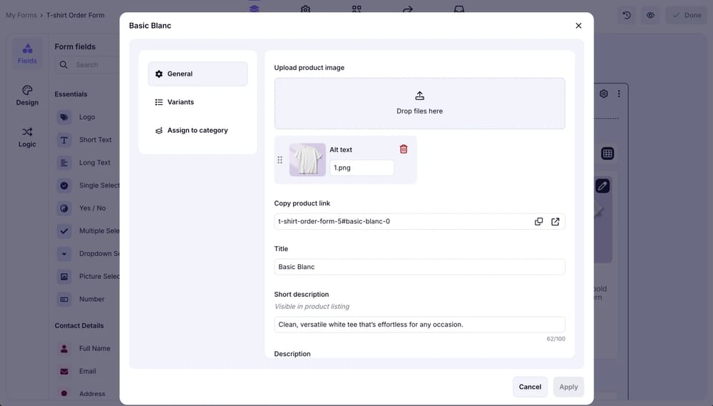 An image showing the settings pop-up for a specific product