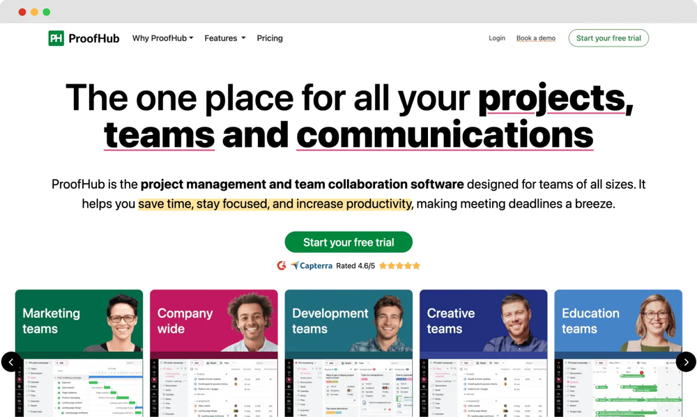 The homepage of ProofHub
