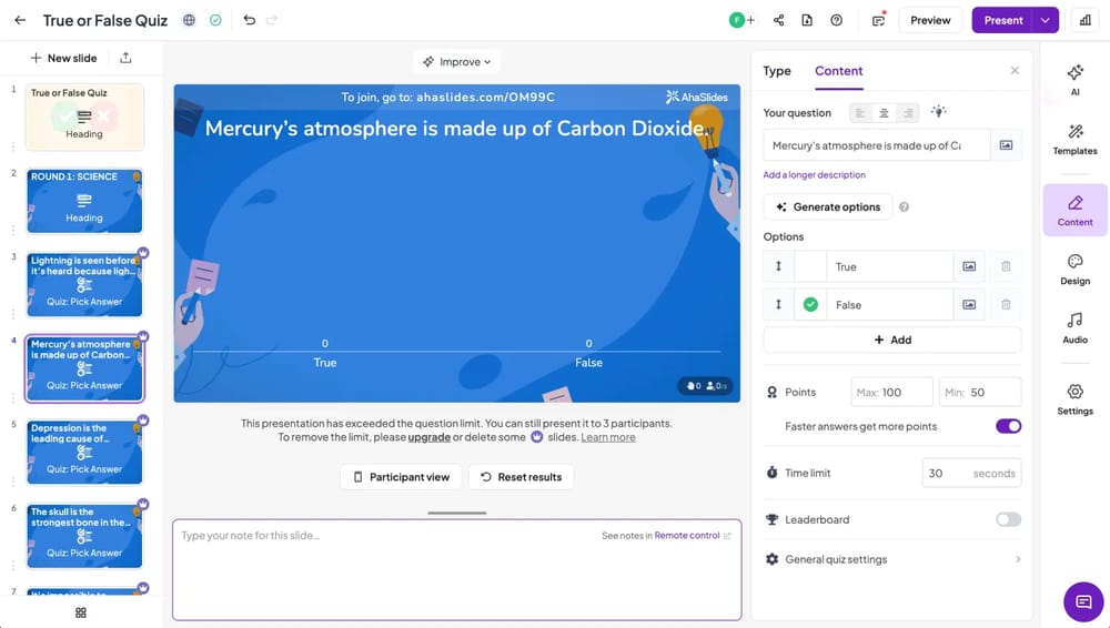 Workspace of AhaSlides