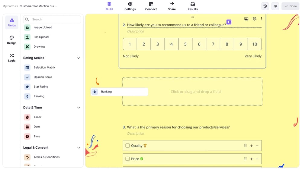 An image showing how you can find the “Ranking field” from the menu on the left and drag&amp;drop it directly to your form