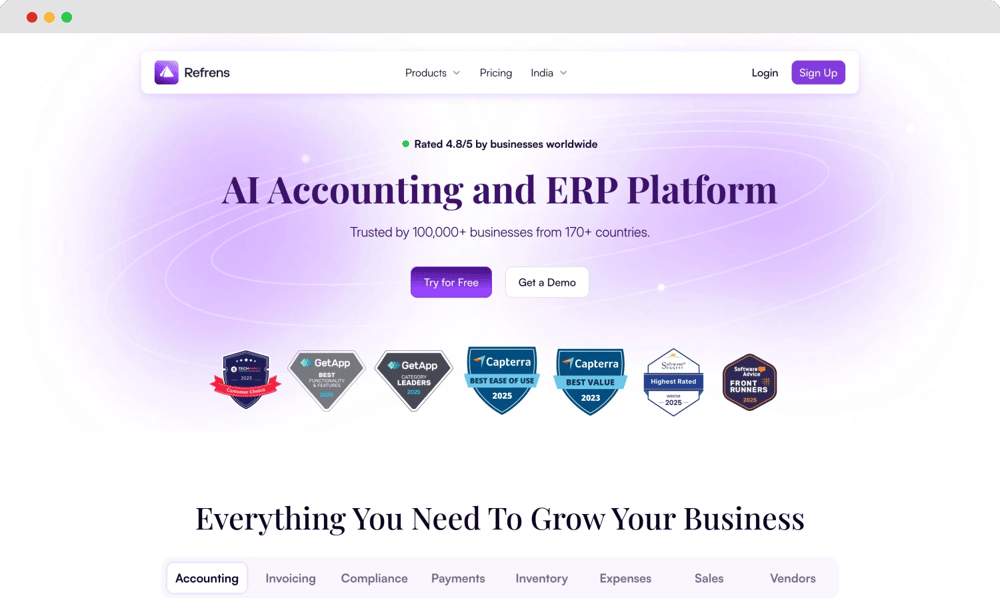 The homepage of Refrens