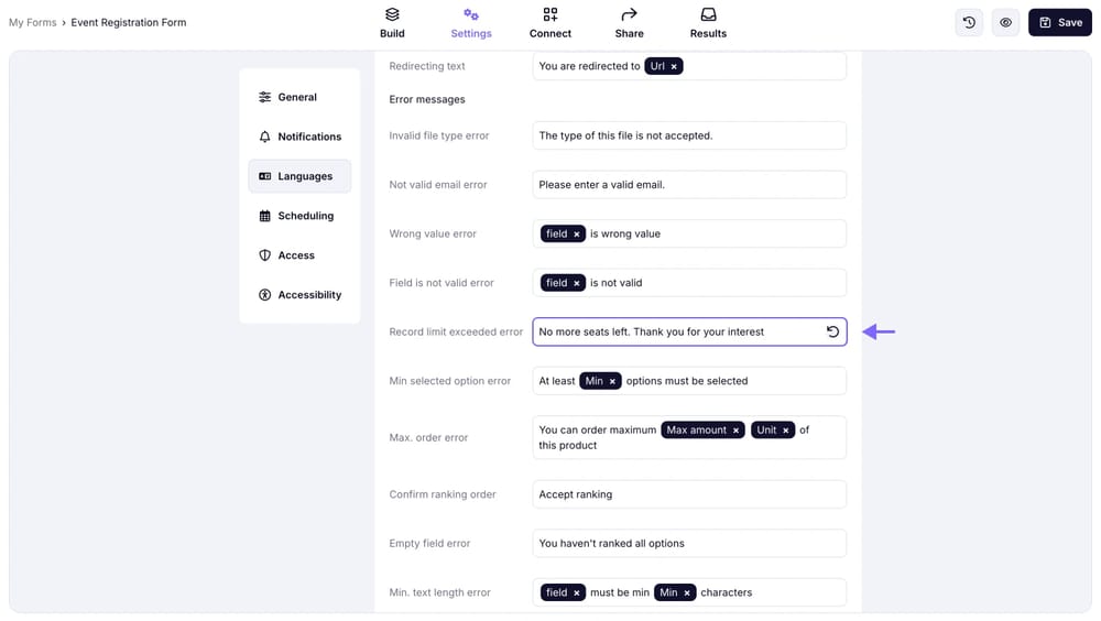 Cambiando el mensaje de “límite de registros excedido” en forms.app