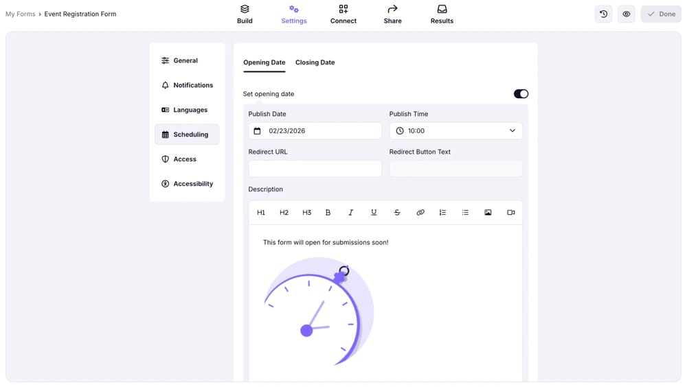 Configuración de programación en forms.app