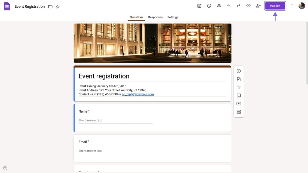 La ubicación del botón “Publicar” en Google Forms