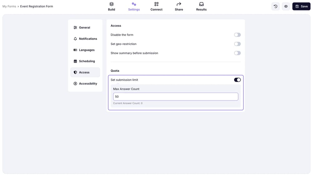 Configuración de límite de entregas en forms.app