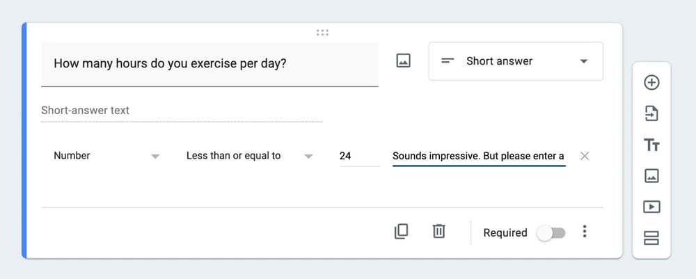 Um exemplo de pergunta com validação de “Menor ou igual a”
