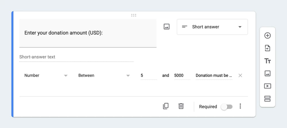 Um exemplo de pergunta com validação de “Entre”