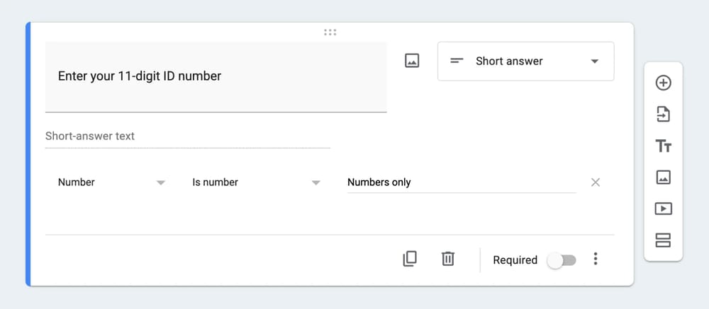 Um exemplo de pergunta com validação de “Número”