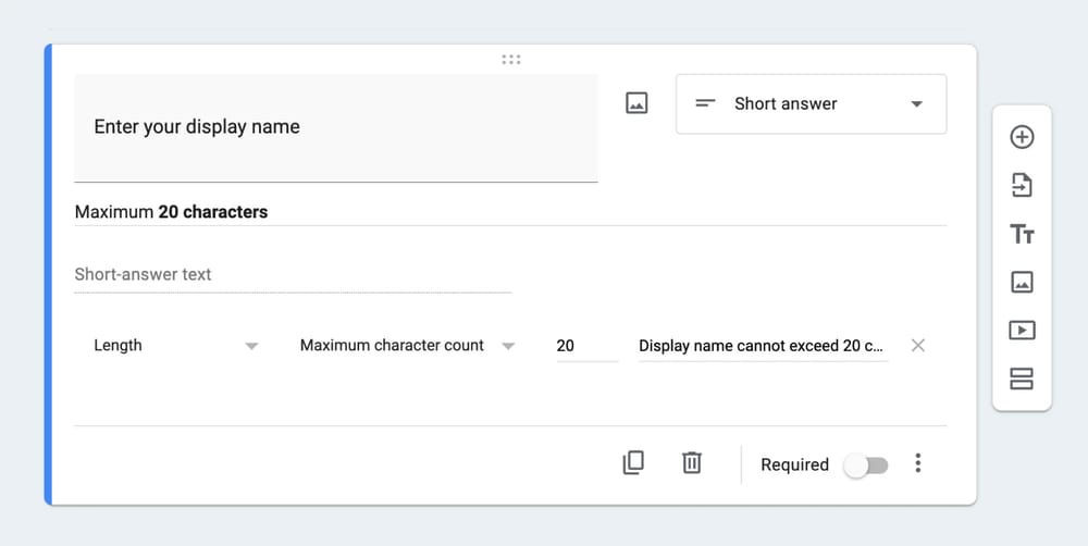 Um exemplo de pergunta com validação de “Contagem máxima de caracteres”