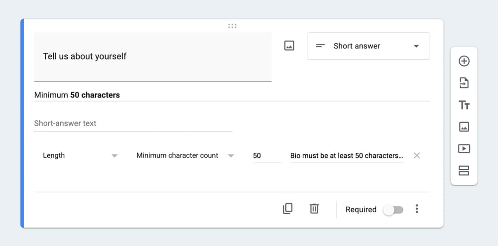 Um exemplo de pergunta com validação de “Contagem mínima de caracteres”