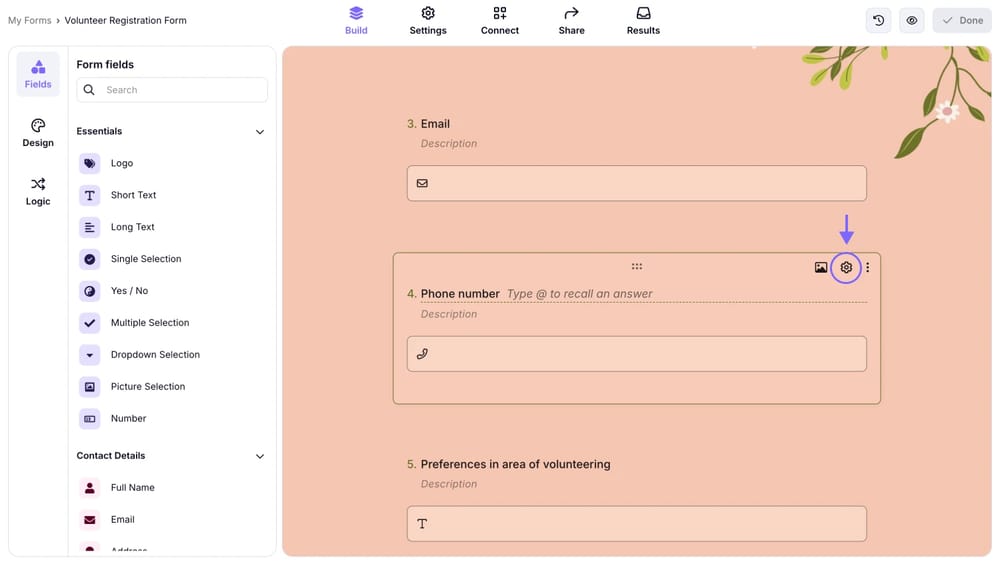 Selecionando uma pergunta e abrindo suas configurações no forms.app