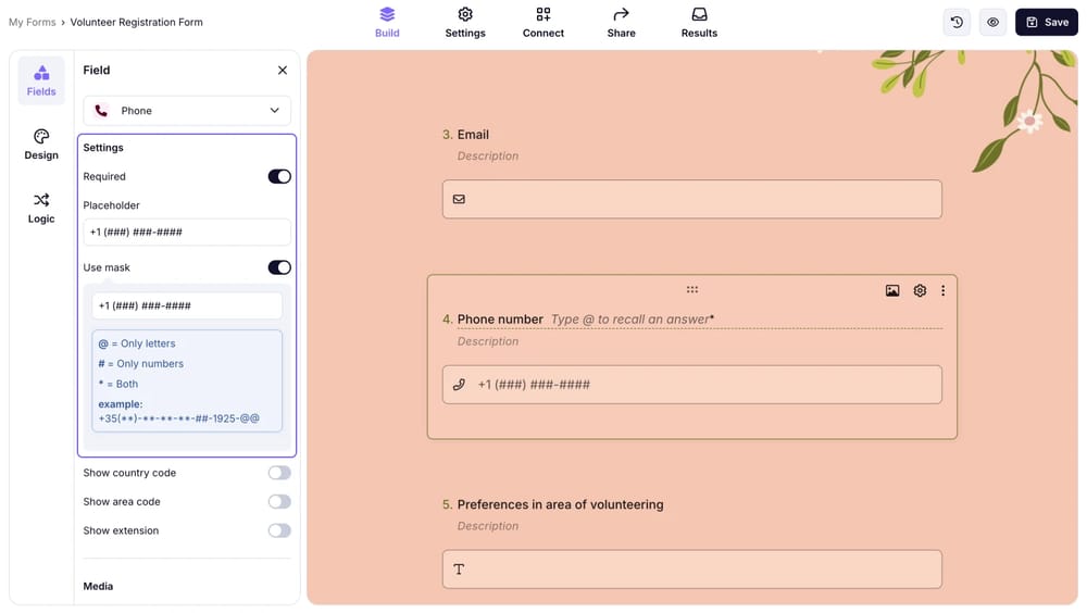 Adicionando regras de validação ao campo de número de telefone no forms.app