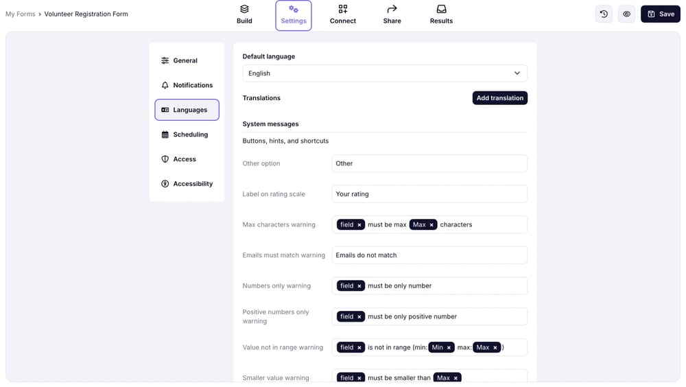 Alterando mensagens de erro de validação no forms.app