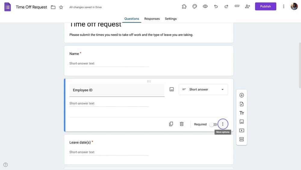Selecionando uma pergunta no Google Forms