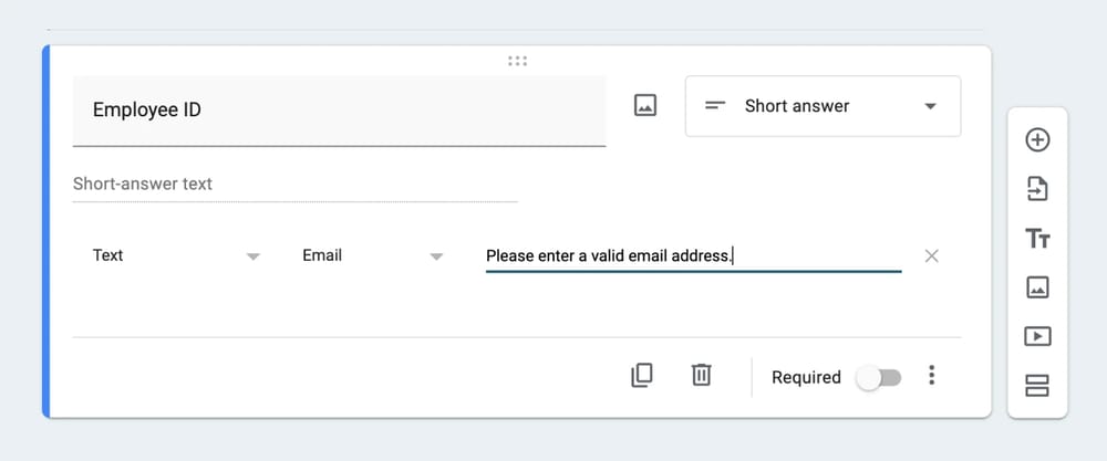 Um exemplo de pergunta com validação de endereço de e-mail