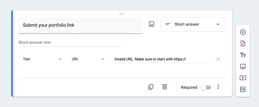 Um exemplo de pergunta com validação de URL