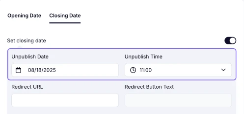 An image showing an example of an entered form’s unpublish date and time in the needed area