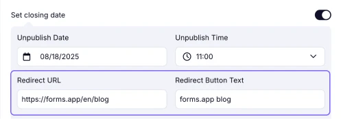 An image showing how you can edit your Redirect button text and the URL, where users will be redirected