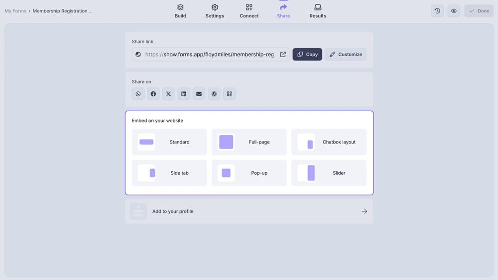 An image showing where you can find the embed options to use from the “Share” section of your form