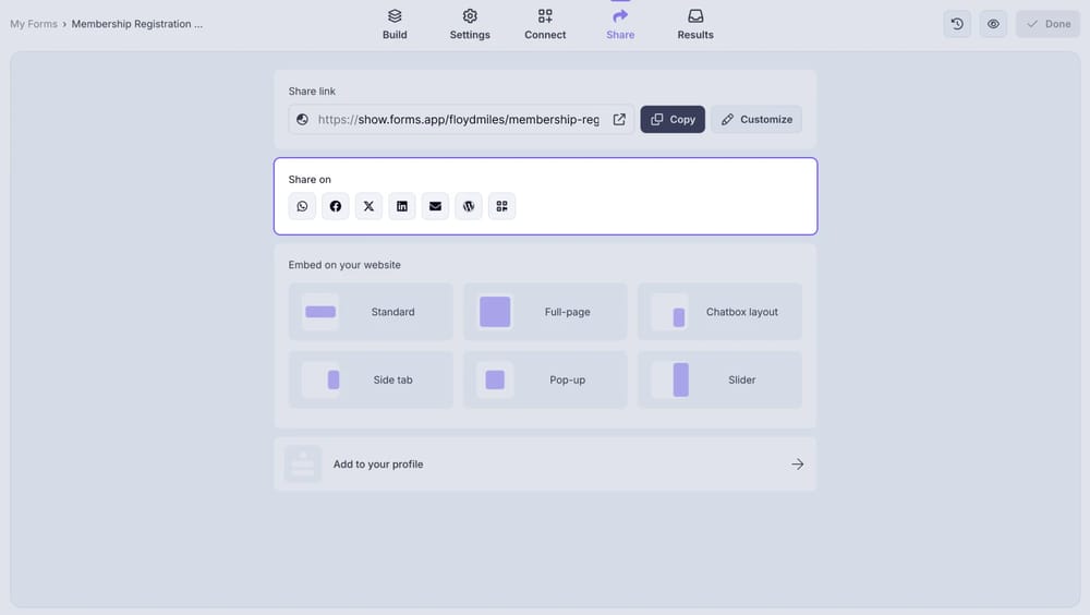 An image showing the social media icons from the “Share” section, which you can use to share your form via social media channels