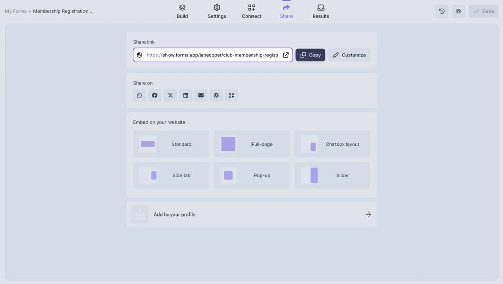 An image showing the form URL area from the “Share” section, where you can copy your form link for future publishing