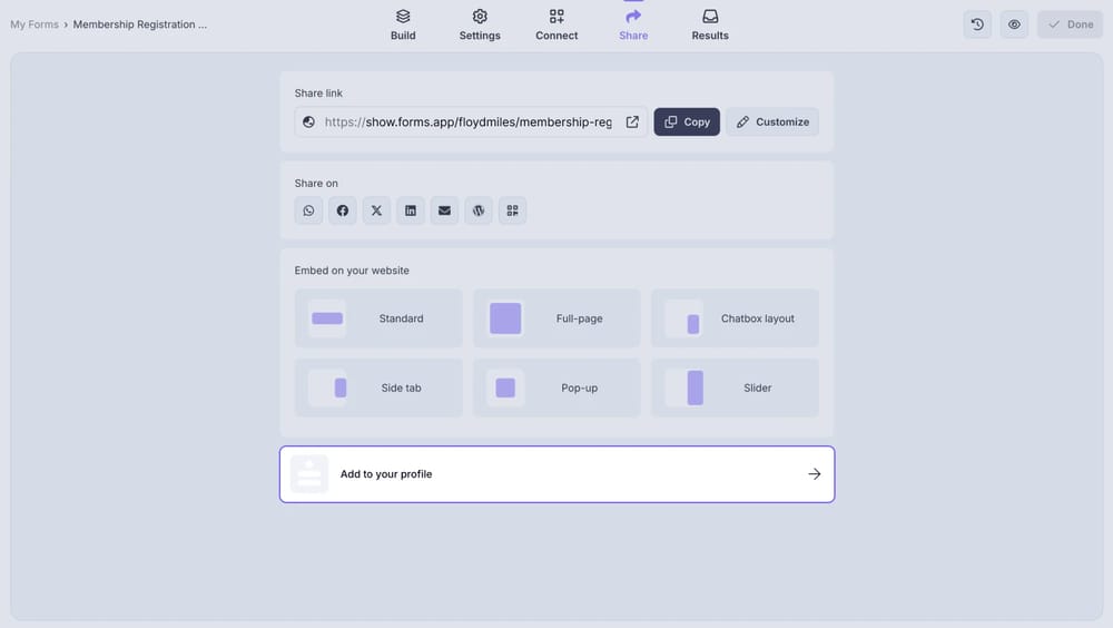 An image showing the “Add to your profile” button you need to click, in case you want to add your form to your forms.app profile