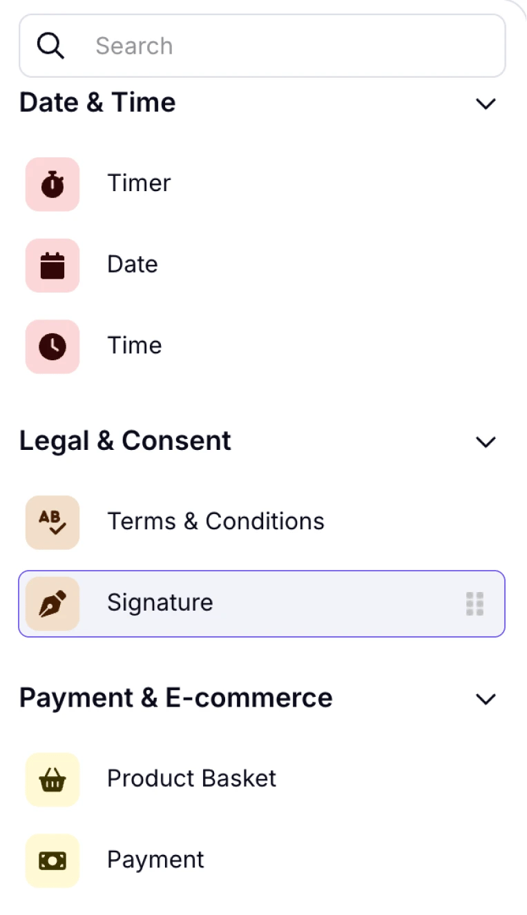 An image showing how to access the Signature field option from the field menu on the left