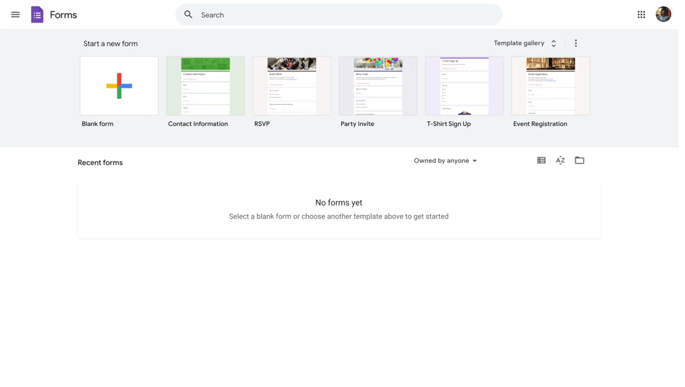 Google Forms ana sayfası