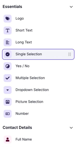 An image showing where the “Single Selection” field is located in the field menu from within the “Build” section