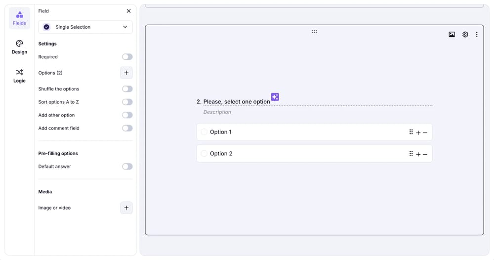 An image showing the settings you can adjust within the “Single Selection” field by pressing the “Gear” icon on the field