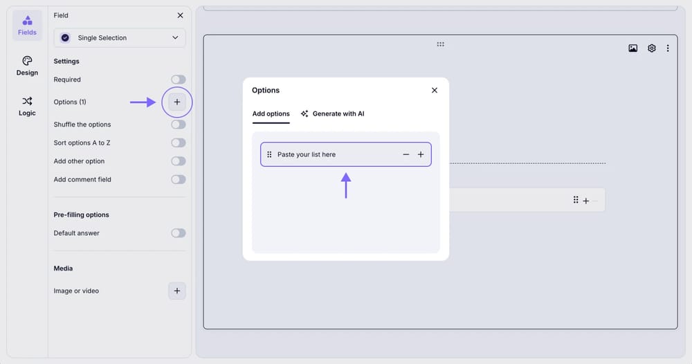 An image showing how you can paste a list of options to your field by opening the field settings