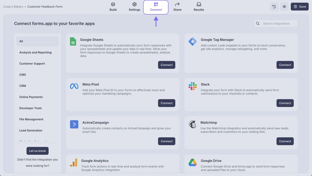 An image showing how you can access the “Connect” section after opening your form