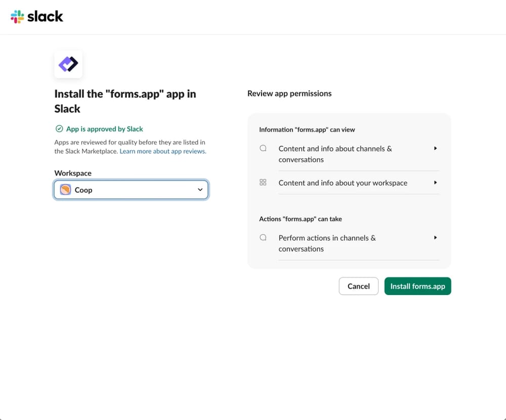 An image showing the pop-up where you need to select the workspace and grant permissions to start the connection