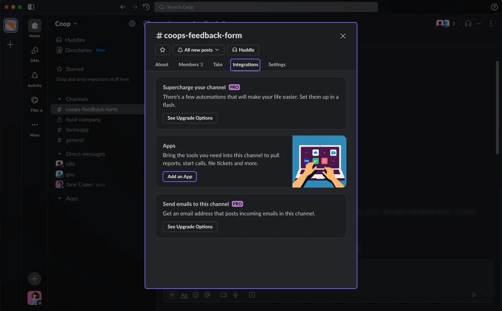 An image showing the pop-up and the “Integrations” section you need to access and press the “Add apps” button