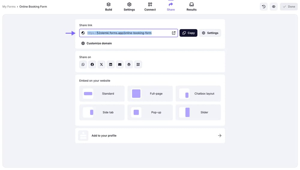 An image showing the “Share” section of the form.app platform where you will be able to find and copy your form URL