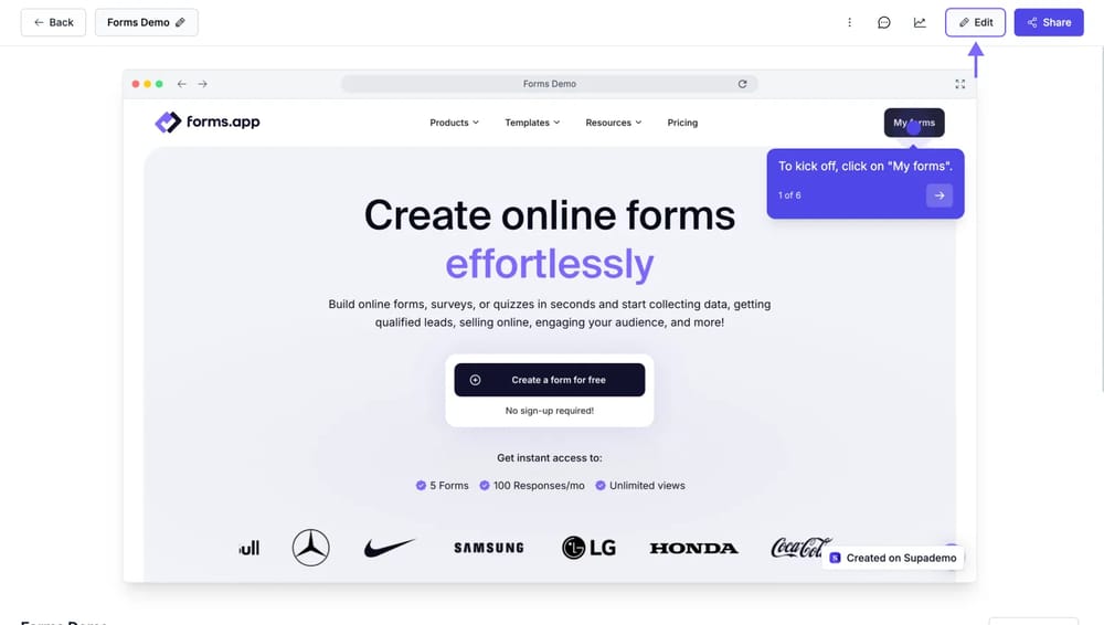 An image showing the screen from the “Supademo” platform, where you can edit your current demos or record a new one