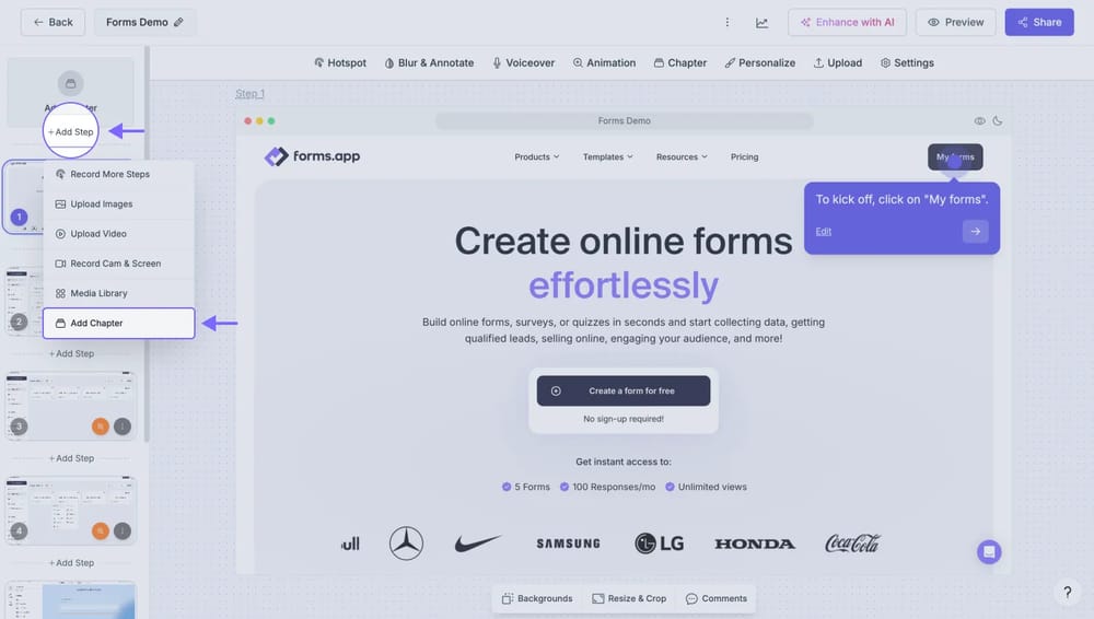 An image showing the “plus” button, which allows you to add a chapter to your demo