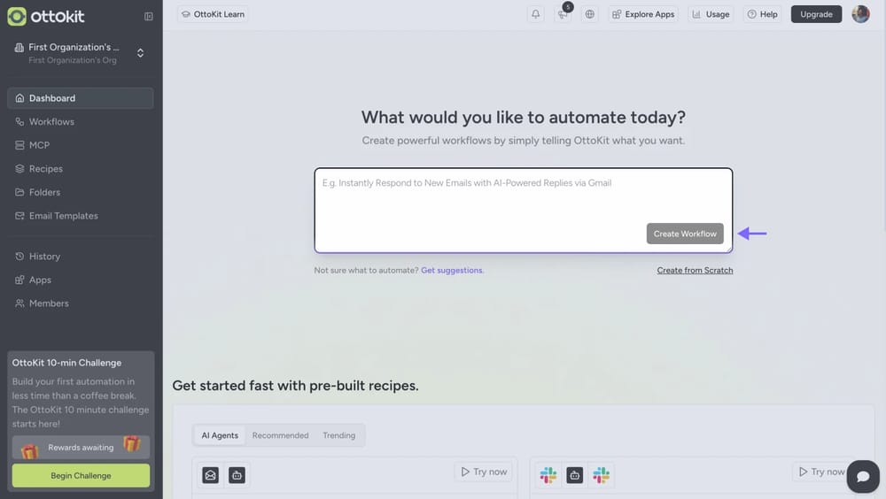 An image showing the “OttoKit” interface page where you need to click the “Create workflow” button in the right corner