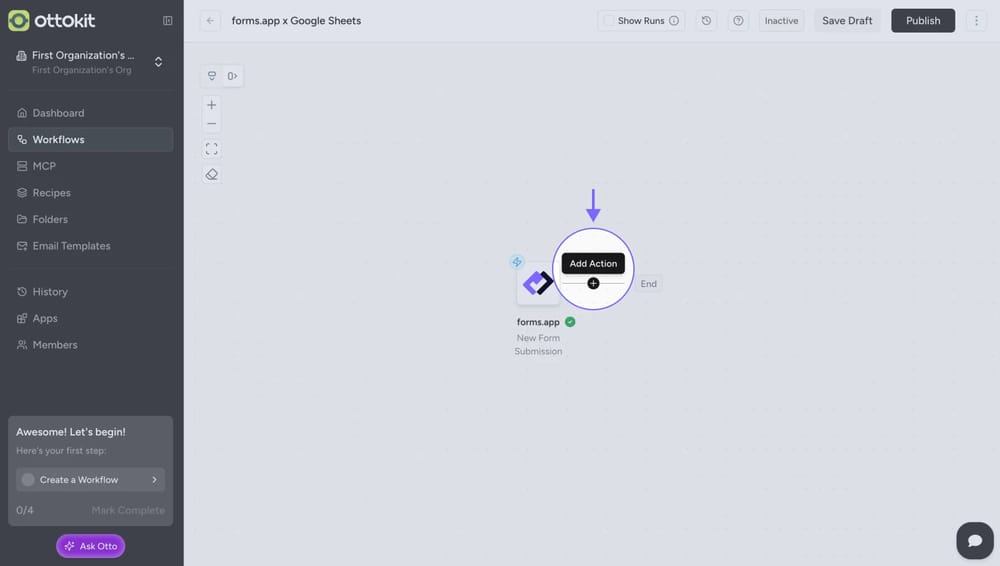 An image showing the “plus” button you have to click to add an action within the OttoKit workflow