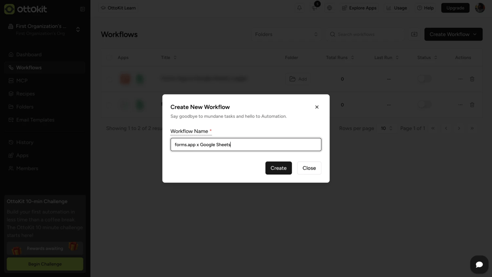 An image showing the appearing pop-up that allows you to enter your workflow name