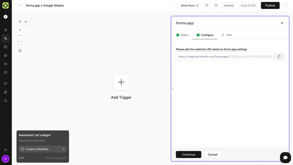 An image showing a drop-down menu from which you can find and select forms.app by adding a trigger