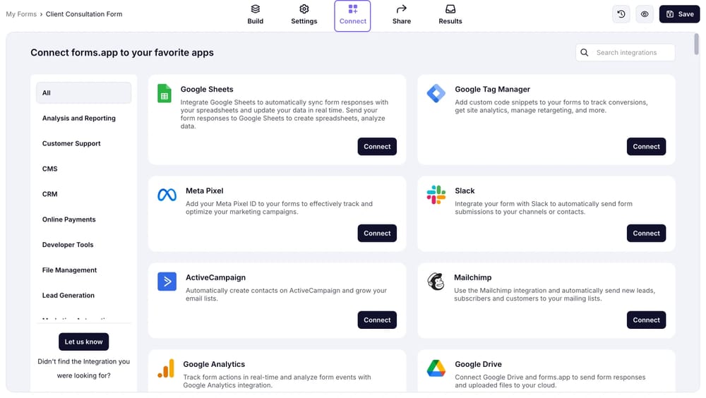 An image showing the forms.app interface and the “Connect” button