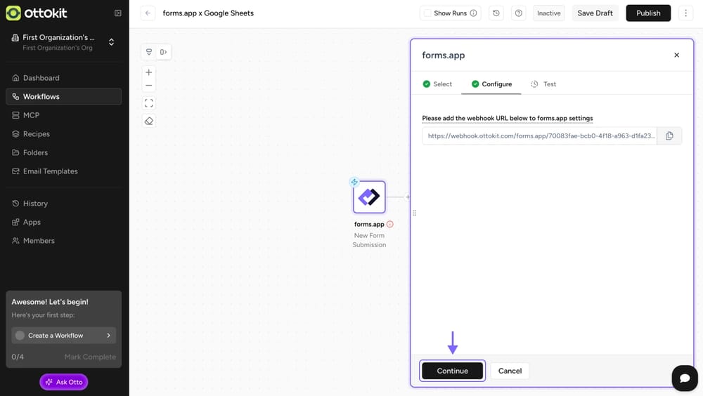 An image showing the “Continue” button from the “OttoKit” platform, which you need to click once you have saved the webhook