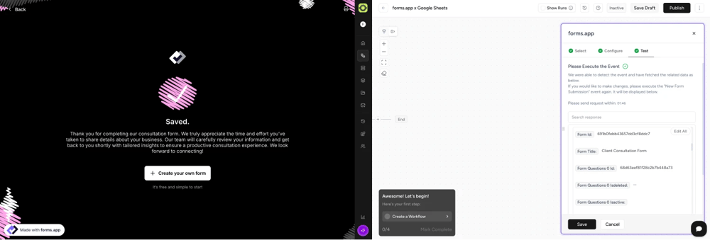 An image showing the submitted form from the left and the “OttoKit” platform from the right, so you can test your form and ensure the trigger works