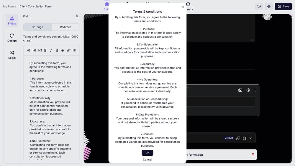 An image showing the “On-page” option, which you need to select in case you want your Terms and Conditions text content to appear as a pop-up on the form