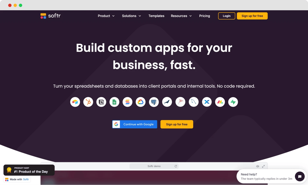 The homepage of Softr